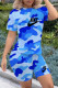 Blue Fashion Sportswear Camouflage Print Letter O Neck Short Sleeve Two Pieces
