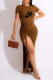 Coffee Fashion Casual Print Slit O Neck Irregular Dress Dresses