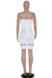 White Fashion Sexy Solid Patchwork Backless Spaghetti Strap Sleeveless Dress