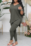 Grey Fashion Casual Solid Patchwork Slit V Neck Short Sleeve Two Pieces