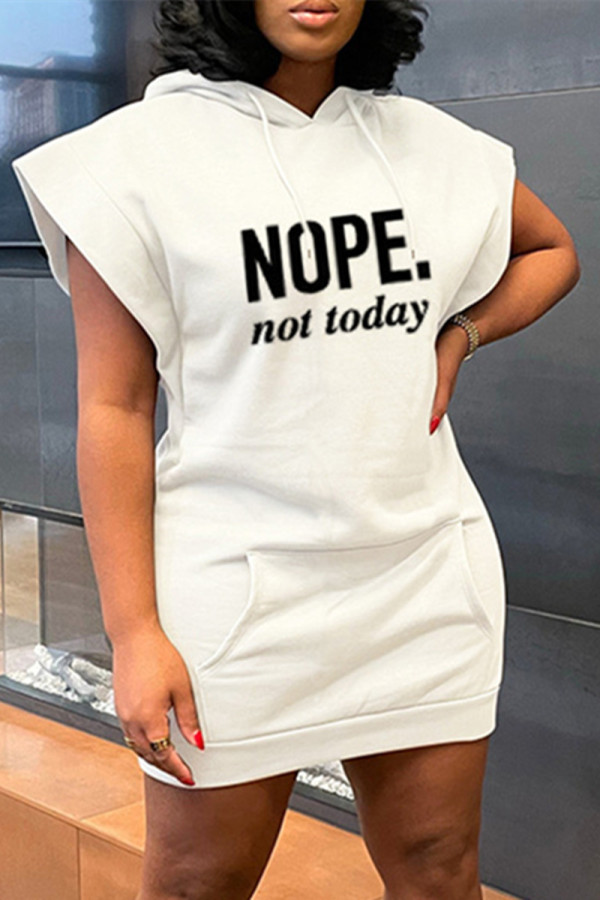 White Fashion Casual Letter Print Patchwork Hooded Collar Short Sleeve Dress