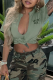 Green Sexy Print Hollowed Out Letter V Neck T-Shirts