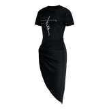 Black Sexy Street Print Patchwork Slit Asymmetrical Half A Turtleneck Irregular Dress Dresses