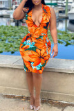 Orange Fashion Casual Print With Belt V Neck Sleeveless Dress