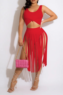 Red Sexy Solid Tassel U Neck Sleeveless Two Pieces