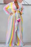 Rainbow Color Fashion Casual Print Bandage Turndown Collar Long Sleeve Two Pieces