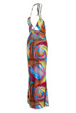 Multi-color Fashion Sexy Print Hollowed Out Backless Halter Sleeveless Dress