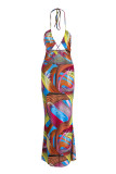 Multi-color Fashion Sexy Print Hollowed Out Backless Halter Sleeveless Dress