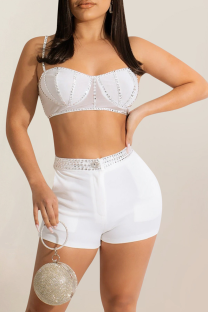 White Sexy Solid Hot Drill Spaghetti Strap Sleeveless Two Pieces
