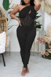 White Fashion Solid Patchwork See-through Backless One Shoulder Skinny Jumpsuits