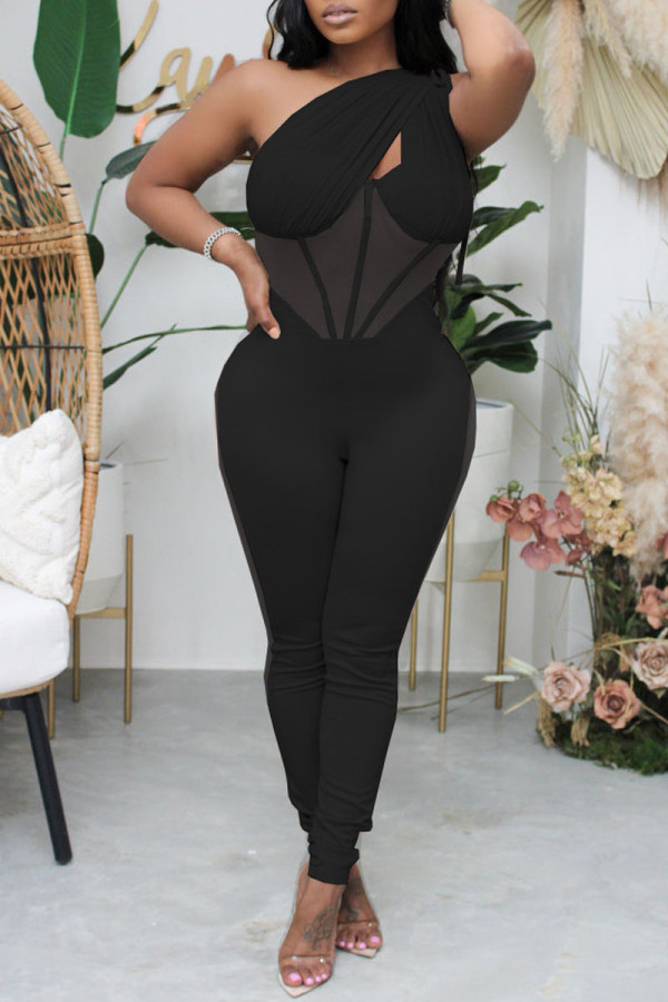 Black Fashion Solid Patchwork See-through Backless One Shoulder Skinny Jumpsuits