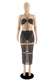 Red Fashion Sexy Patchwork Hollowed Out See-through Backless Halter Strapless Dress