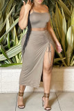 Khaki Fashion Sexy Solid Draw String Frenulum Backless Spaghetti Strap Sleeveless Two Pieces