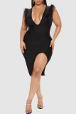 Black Sexy Solid Patchwork Feathers Slit V Neck One Step Skirt Dresses