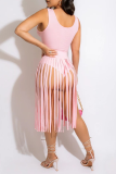 Pink Sexy Solid Tassel U Neck Sleeveless Two Pieces