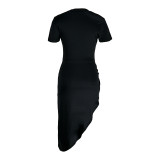 Black Sexy Street Print Patchwork Slit Asymmetrical Half A Turtleneck Irregular Dress Dresses