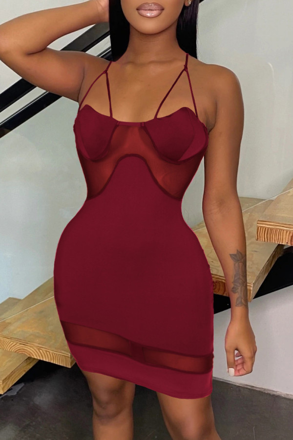Burgundy Fashion Sexy Solid Patchwork Backless Spaghetti Strap Sleeveless Dress