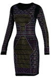 Apricot Fashion Sexy Patchwork Hot Drill O Neck Long Sleeve Dresses