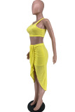 Yellow Fashion Casual Solid Patchwork Slit O Neck Sleeveless Two Pieces