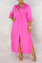 Rose Red Casual Solid Split Joint Buckle Turndown Collar Shirt Dress Dresses