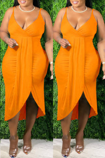 Orange Fashion Sexy Plus Size Solid Patchwork V Neck Sling Dress