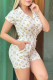 Cream White Fashion Casual Print Patchwork Turndown Collar Rompers