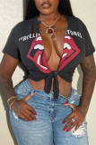 Dark Gray Fashion Casual Print Bandage V Neck T-Shirts