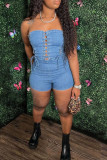 Deep Blue Sexy Solid Bandage Hollowed Out Patchwork Strapless Regular Rompers