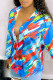 Blue Fashion Casual Print Patchwork Turndown Collar Tops