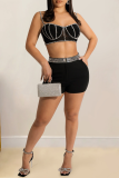 Black Sexy Solid Hot Drill Spaghetti Strap Sleeveless Two Pieces