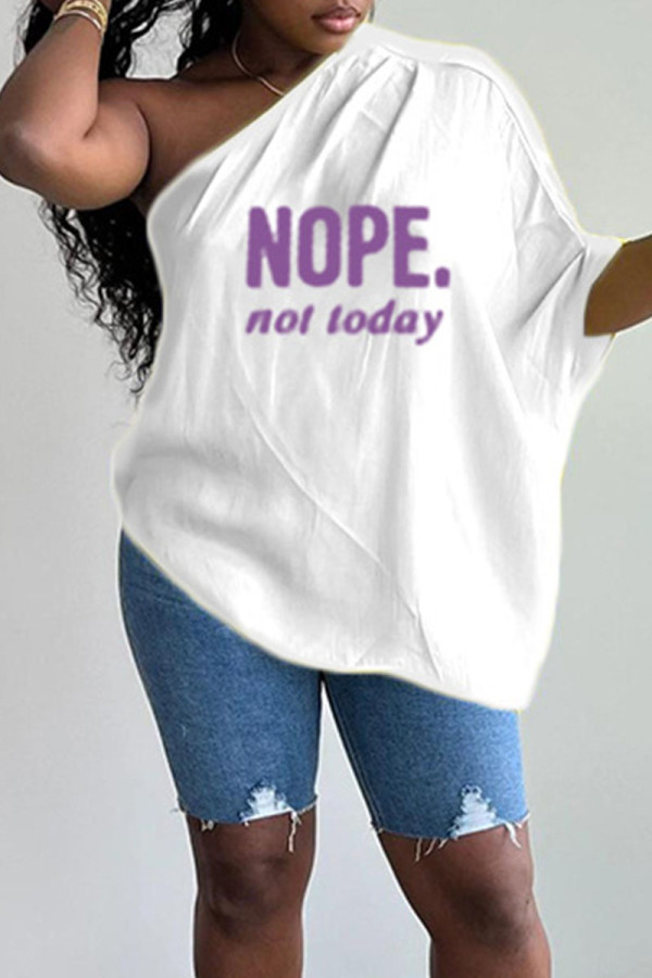 White Casual Print Patchwork Asymmetrical Oblique Collar T-Shirts