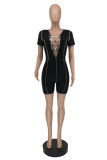 Black Fashion Sexy Solid Hollowed Out V Neck Regular Romper