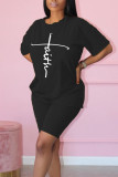 Black Casual Print Patchwork O Neck Short Sleeve Two Pieces