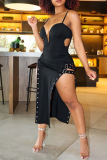 Black Sexy Patchwork Rhinestone Spaghetti Strap Irregular Dress Dresses