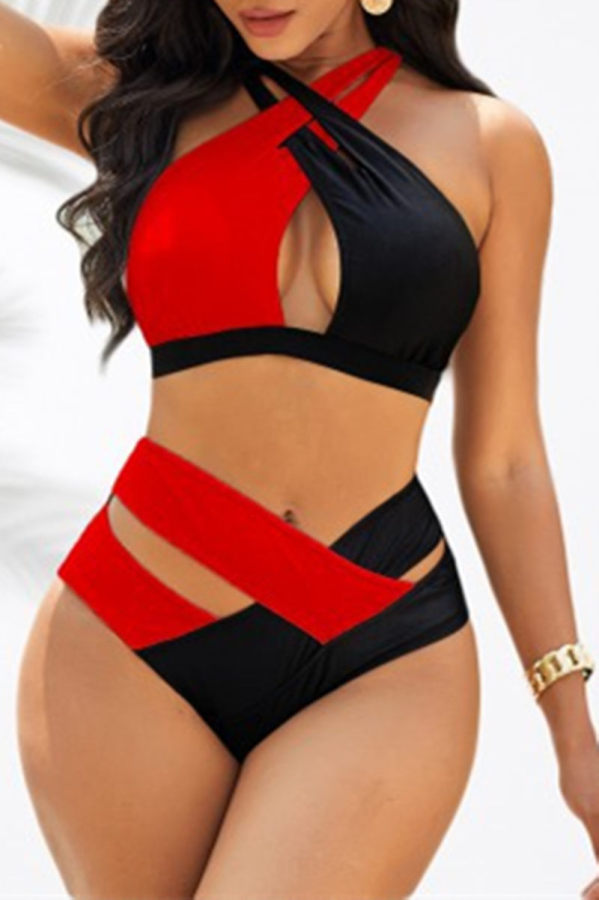 Red Black Fashion Sexy Print Hollowed Out Patchwork Backless Swimwears (With Paddings)