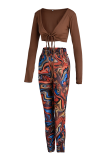 Coffee Sexy Print Patchwork V Neck Long Sleeve Two Pieces
