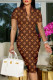 Brown Fashion Sexy Print Letter V Neck One Step Skirt Dresses