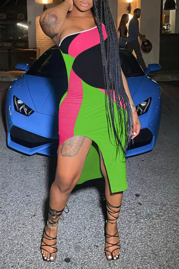 Green Casual Print Patchwork Slit Strapless One Step Skirt Dresses