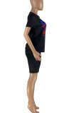 Black Casual Print Patchwork O Neck Short Sleeve Two Pieces