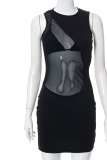 Black Sexy Solid Mesh O Neck Pencil Skirt Dresses