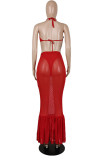 Red Sexy Solid Patchwork See-through Backless Halter Sleeveless Two Pieces