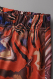 Coffee Sexy Print Patchwork V Neck Long Sleeve Two Pieces