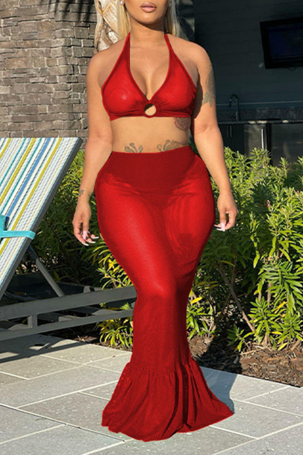 Red Sexy Solid Patchwork See-through Backless Halter Sleeveless Two Pieces