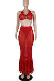 Red Sexy Solid Patchwork See-through Backless Halter Sleeveless Two Pieces