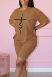 Khaki Casual Print Patchwork O Neck Short Sleeve Two Pieces