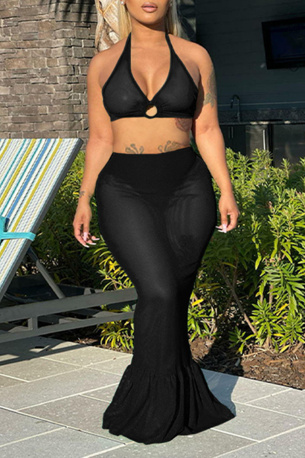 Black Sexy Solid Patchwork See-through Backless Halter Sleeveless Two Pieces