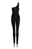 Pink Sexy Solid Hollowed Out One Shoulder Skinny Jumpsuits
