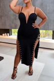 Black Sexy Patchwork Rhinestone Spaghetti Strap Irregular Dress Dresses