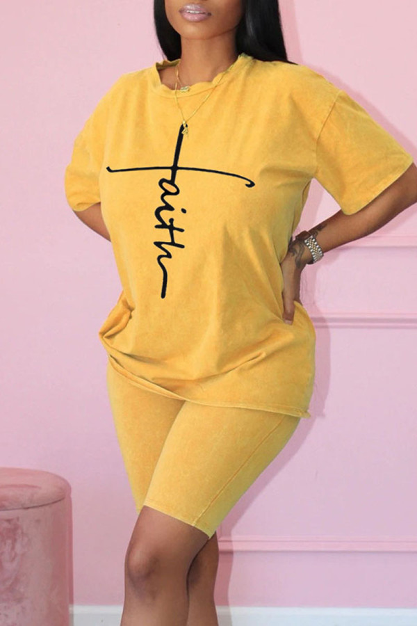Yellow Casual Print Patchwork O Neck Short Sleeve Two Pieces