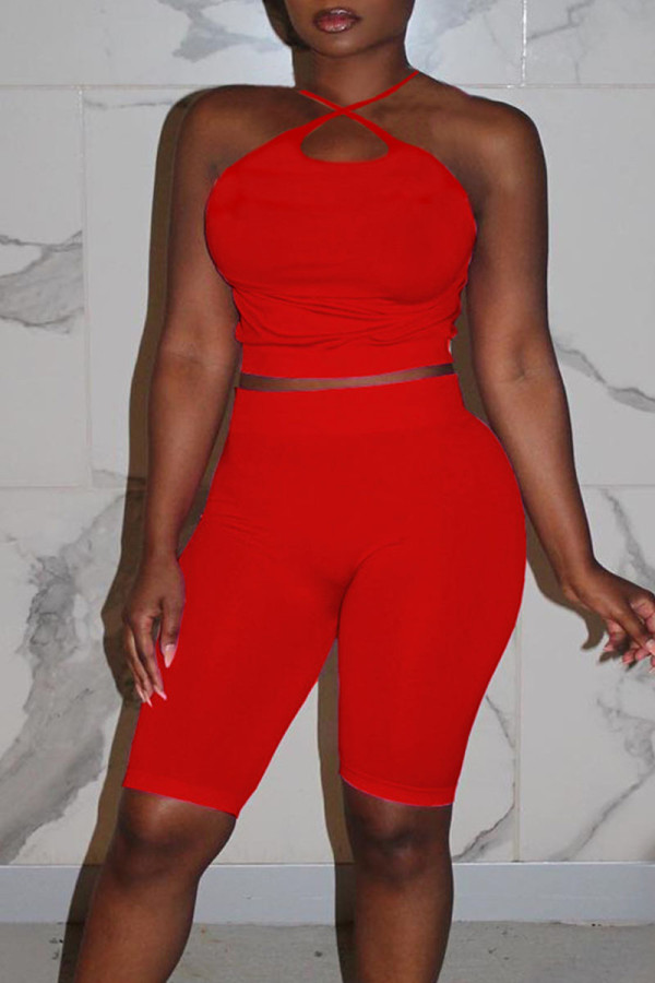 Red Casual Solid Patchwork Halter Sleeveless Two Pieces
